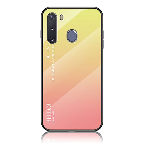 Samsung Galaxy A21 European用ハイブリットバンパーケース プラスチック 鏡面 虹 グラデーション 勾配色 カバー LS1 サムスン イエロー