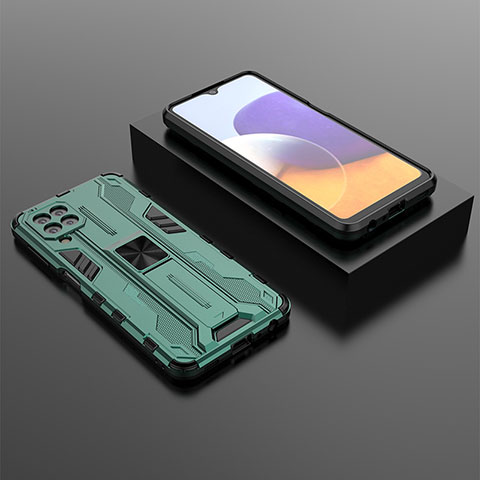 Samsung Galaxy A22 4G用ハイブリットバンパーケース スタンド プラスチック 兼シリコーン カバー マグネット式 T01 サムスン グリーン