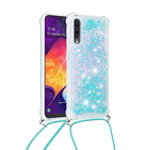 Samsung Galaxy A50用シリコンケース ソフトタッチラバー ブリンブリン カバー 携帯ストラップ S03 サムスン ブルー