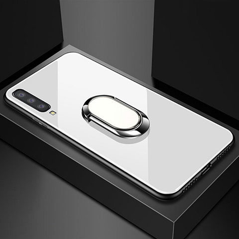 Samsung Galaxy A70S用ハイブリットバンパーケース プラスチック 鏡面 カバー アンド指輪 マグネット式 サムスン ホワイト