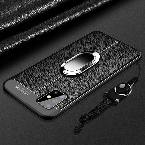 Samsung Galaxy A71 4G A715用シリコンケース ソフトタッチラバー レザー柄 アンド指輪 マグネット式 サムスン ブラック