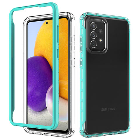 Samsung Galaxy A72 4G用360度 フルカバー ハイブリットバンパーケース クリア透明 プラスチック カバー JX1 サムスン シアン