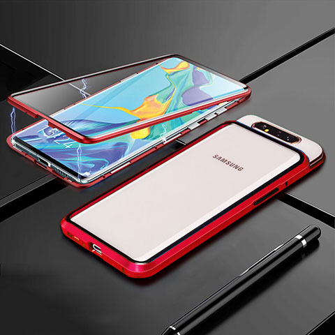Samsung Galaxy A90 4G用ケース 高級感 手触り良い アルミメタル 製の金属製 360度 フルカバーバンパー 鏡面 カバー T01 サムスン レッド