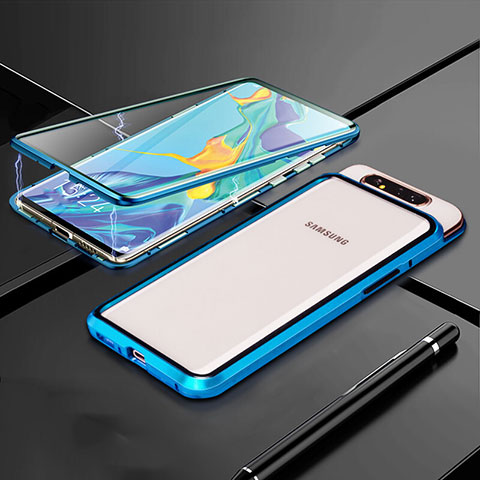Samsung Galaxy A90 4G用ケース 高級感 手触り良い アルミメタル 製の金属製 360度 フルカバーバンパー 鏡面 カバー T01 サムスン ネイビー