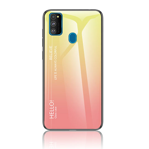 Samsung Galaxy M21用ハイブリットバンパーケース プラスチック 鏡面 虹 グラデーション 勾配色 カバー LS1 サムスン イエロー