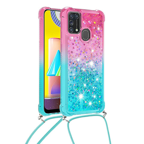 Samsung Galaxy M31 Prime Edition用シリコンケース ソフトタッチラバー ブリンブリン カバー 携帯ストラップ S01 サムスン ピンク