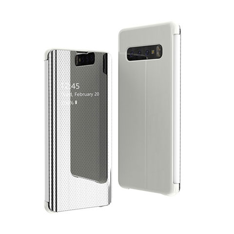 Samsung Galaxy S10 5G SM-G977B用手帳型 レザーケース スタンド 鏡面 カバー L01 サムスン シルバー