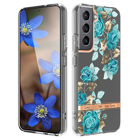 Samsung Galaxy S23 5G用シリコンケース ソフトタッチラバー 花 カバー サムスン シアン