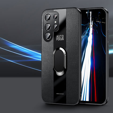 Samsung Galaxy S23 Ultra 5G用シリコンケース ソフトタッチラバー レザー柄 アンド指輪 マグネット式 S03 サムスン ブラック