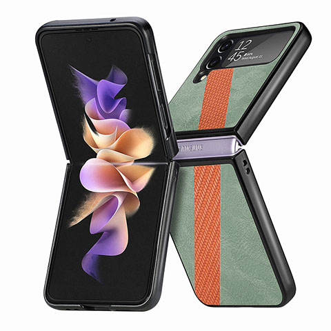 Samsung Galaxy Z Flip4 5G用ハイブリットバンパーケース 高級感 手触り良いレザー柄 兼プラスチック L07 サムスン グリーン
