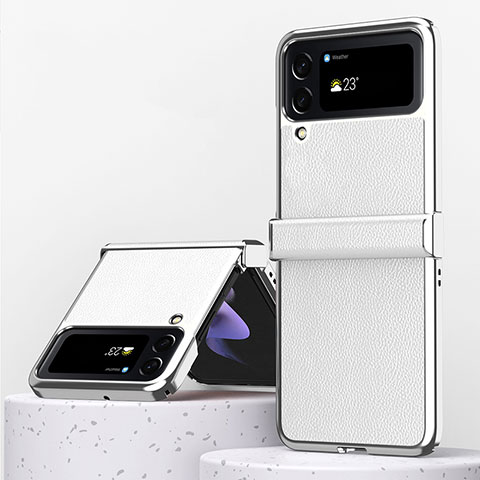 Samsung Galaxy Z Flip4 5G用ハイブリットバンパーケース 高級感 手触り良いレザー柄 兼プラスチック ZL3 サムスン ホワイト