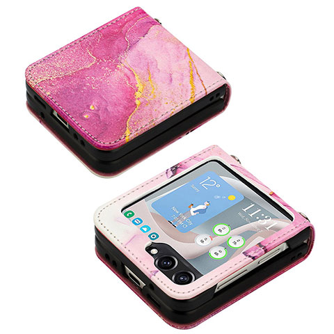 Samsung Galaxy Z Flip5 5G用ハイブリットバンパーケース 高級感 手触り良いレザー柄 兼プラスチック YB2 サムスン ローズレッド