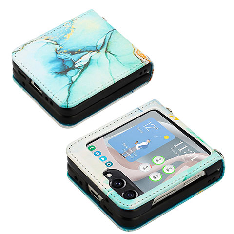 Samsung Galaxy Z Flip5 5G用ハイブリットバンパーケース 高級感 手触り良いレザー柄 兼プラスチック YB2 サムスン グリーン