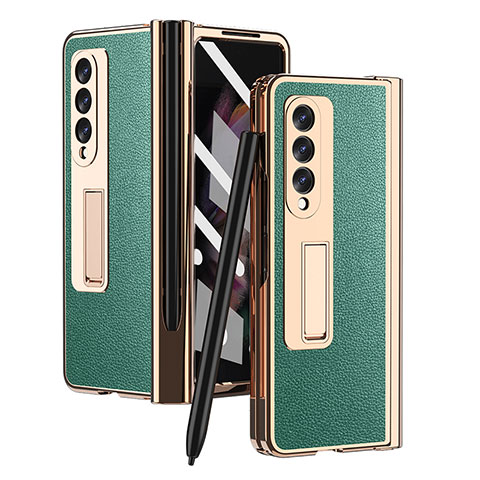 Samsung Galaxy Z Fold3 5G用ハイブリットバンパーケース 高級感 手触り良いレザー柄 兼プラスチック ZL4 サムスン グリーン