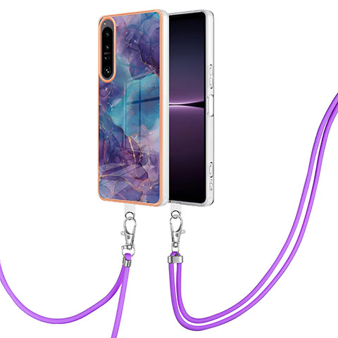 Sony Xperia 1 IV用シリコンケース ソフトタッチラバー バタフライ パターン カバー 携帯ストラップ YB7 ソニー パープル