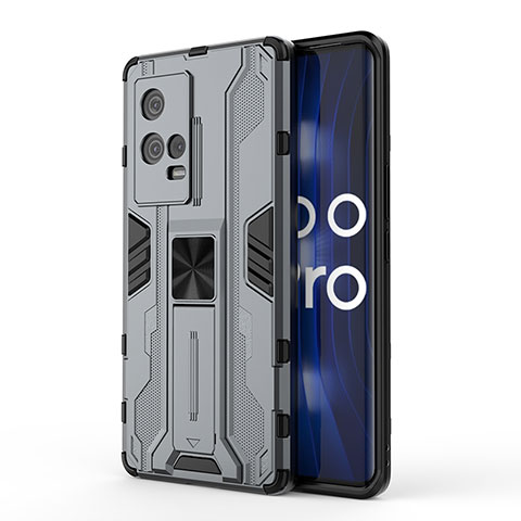 Vivo iQOO 8 Pro 5G用ハイブリットバンパーケース スタンド プラスチック 兼シリコーン カバー マグネット式 Vivo グレー