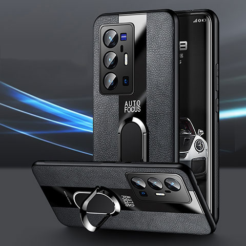 Vivo X70 Pro+ Plus 5G用シリコンケース ソフトタッチラバー レザー柄 アンド指輪 マグネット式 PB1 Vivo ブラック