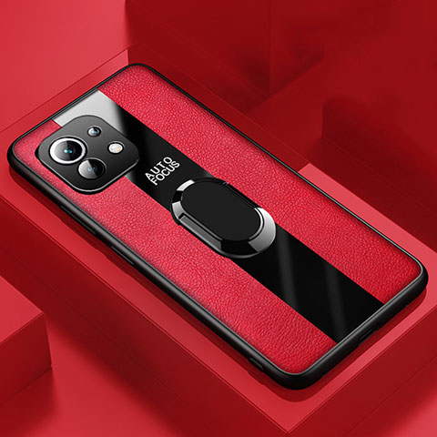 Xiaomi Mi 11 Lite 4G用シリコンケース ソフトタッチラバー レザー柄 アンド指輪 マグネット式 Xiaomi レッド