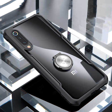 Xiaomi Mi 9 Lite用360度 フルカバーハイブリットバンパーケース クリア透明 プラスチック 鏡面 アンド指輪 マグネット式 Xiaomi ブラック