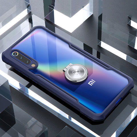 Xiaomi Mi 9 SE用360度 フルカバーハイブリットバンパーケース クリア透明 プラスチック 鏡面 アンド指輪 マグネット式 Xiaomi ネイビー