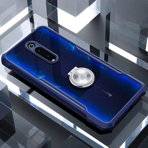 Xiaomi Mi 9T Pro用360度 フルカバーハイブリットバンパーケース クリア透明 プラスチック 鏡面 アンド指輪 マグネット式 Xiaomi ネイビー