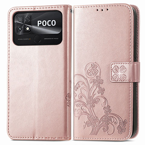 Xiaomi Poco C40用手帳型 レザーケース スタンド 花 カバー Xiaomi ピンク