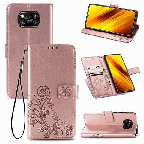 Xiaomi Poco X3 NFC用手帳型 レザーケース スタンド 花 カバー Xiaomi ピンク