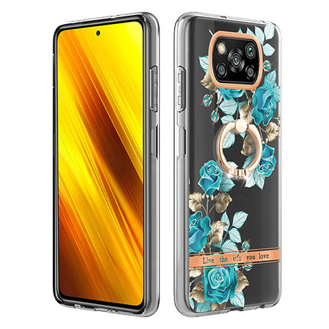 Xiaomi Poco X3 Pro用シリコンケース ソフトタッチラバー バタフライ パターン カバー アンド指輪 Y06B Xiaomi シアン