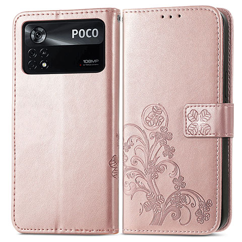Xiaomi Poco X4 Pro 5G用手帳型 レザーケース スタンド 花 カバー Xiaomi ピンク