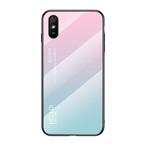 Xiaomi Redmi 9A用ハイブリットバンパーケース プラスチック 鏡面 虹 グラデーション 勾配色 カバー LS1 Xiaomi シアン