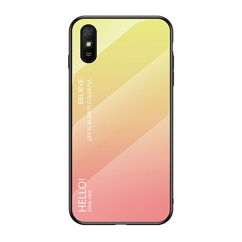 Xiaomi Redmi 9A用ハイブリットバンパーケース プラスチック 鏡面 虹 グラデーション 勾配色 カバー LS1 Xiaomi イエロー