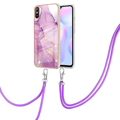 Xiaomi Redmi 9A用シリコンケース ソフトタッチラバー バタフライ パターン カバー 携帯ストラップ Y05B Xiaomi ラベンダー