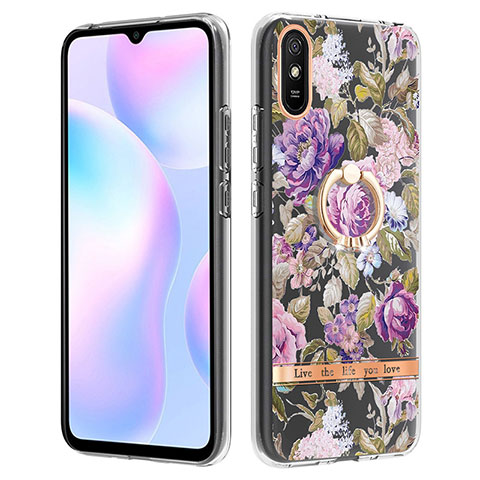 Xiaomi Redmi 9A用シリコンケース ソフトタッチラバー バタフライ パターン カバー アンド指輪 Y06B Xiaomi ラベンダー