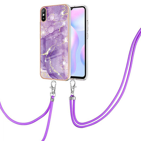 Xiaomi Redmi 9AT用シリコンケース ソフトタッチラバー バタフライ パターン カバー 携帯ストラップ Y05B Xiaomi パープル