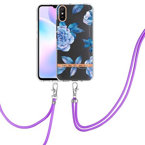 Xiaomi Redmi 9i用シリコンケース ソフトタッチラバー バタフライ パターン カバー 携帯ストラップ Y06B Xiaomi ネイビー