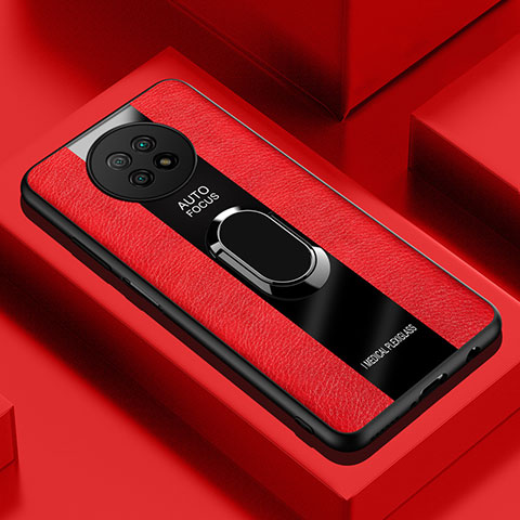 Xiaomi Redmi Note 9 5G用シリコンケース ソフトタッチラバー レザー柄 アンド指輪 マグネット式 PB1 Xiaomi レッド