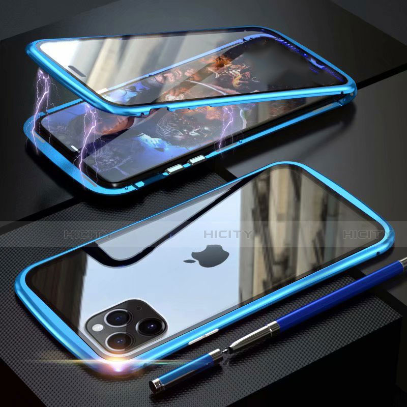 Apple iPhone 11 Pro Max用ケース 高級感 手触り良い アルミメタル 製の金属製 360度 フルカバーバンパー 鏡面 カバー M11 アップル ブルー