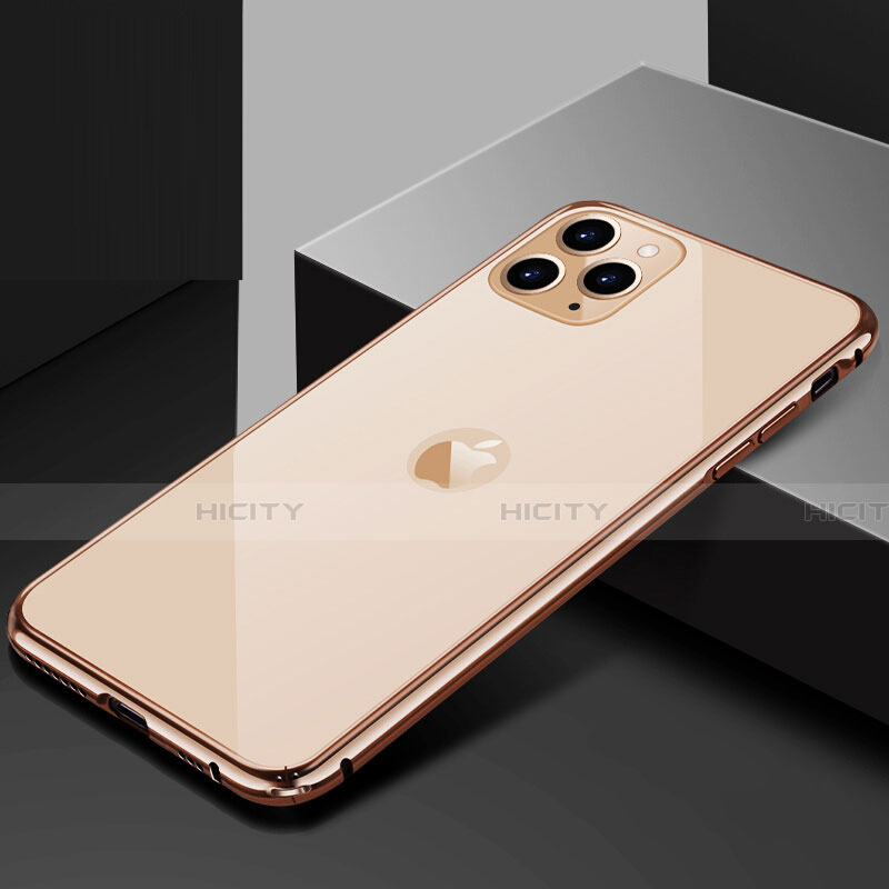 Apple iPhone 11 Pro Max用ケース 高級感 手触り良い アルミメタル 製の金属製 360度 フルカバーバンパー 鏡面 カバー T02 アップル ゴールド