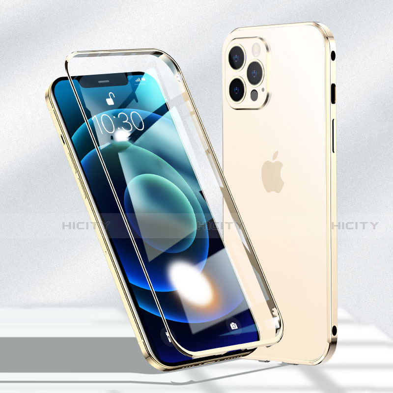 Apple iPhone 12 Pro用ケース 高級感 手触り良い アルミメタル 製の金属製 360度 フルカバーバンパー 鏡面 カバー N01 アップル ゴールド