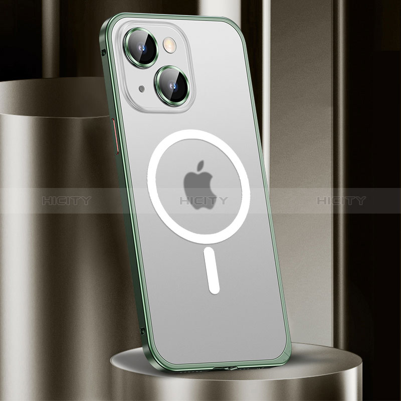 Apple iPhone 13用ケース 高級感 手触り良い メタル兼プラスチック バンパー Mag-Safe 磁気 Magnetic JL2 アップル グリーン