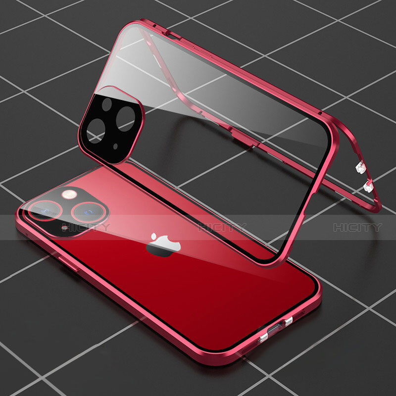 Apple iPhone 13 Mini用ケース 高級感 手触り良い アルミメタル 製の金属製 360度 フルカバーバンパー 鏡面 カバー M04 アップル レッド