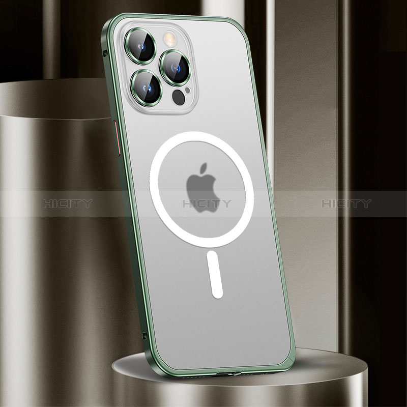 Apple iPhone 13 Pro用ケース 高級感 手触り良い メタル兼プラスチック バンパー Mag-Safe 磁気 Magnetic JL2 アップル グリーン