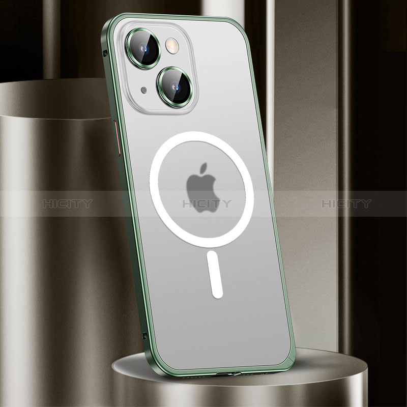 Apple iPhone 14用ケース 高級感 手触り良い メタル兼プラスチック バンパー Mag-Safe 磁気 Magnetic JL2 アップル グリーン