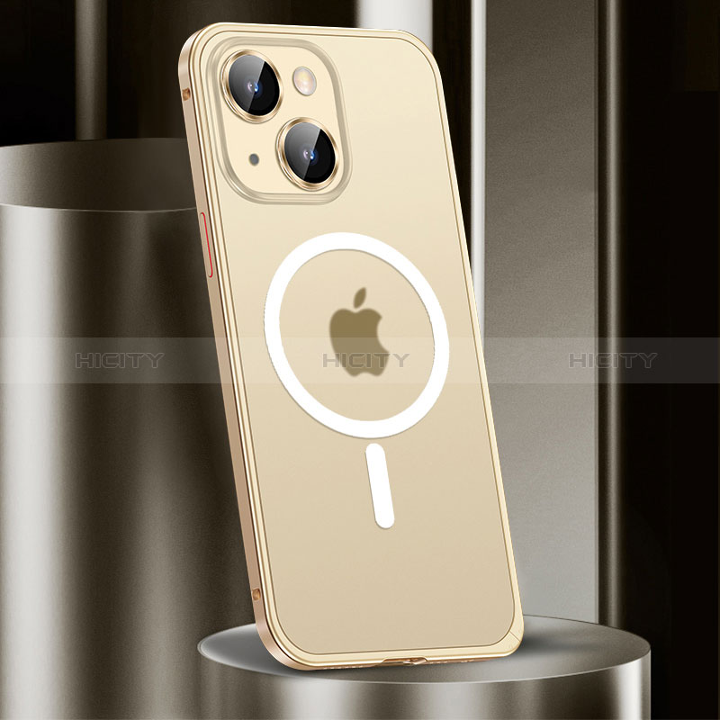 Apple iPhone 14用ケース 高級感 手触り良い メタル兼プラスチック バンパー Mag-Safe 磁気 Magnetic JL2 アップル ゴールド
