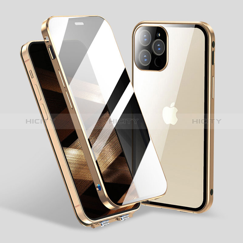 Apple iPhone 14 Pro用ケース 高級感 手触り良い アルミメタル 製の金属製 360度 フルカバーバンパー 鏡面 カバー M06 アップル ゴールド