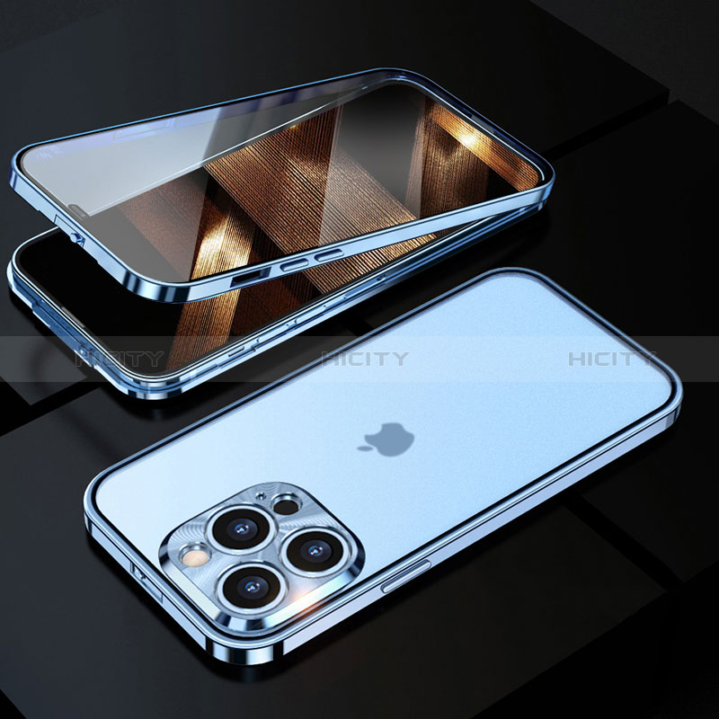 Apple iPhone 14 Pro用ケース 高級感 手触り良い アルミメタル 製の金属製 360度 フルカバーバンパー 鏡面 カバー M01 アップル ネイビー