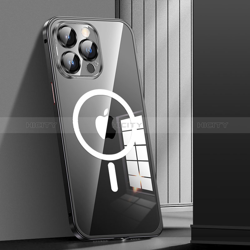 Apple iPhone 14 Pro用ケース 高級感 手触り良い メタル兼プラスチック バンパー Mag-Safe 磁気 Magnetic JL1 アップル ブラック