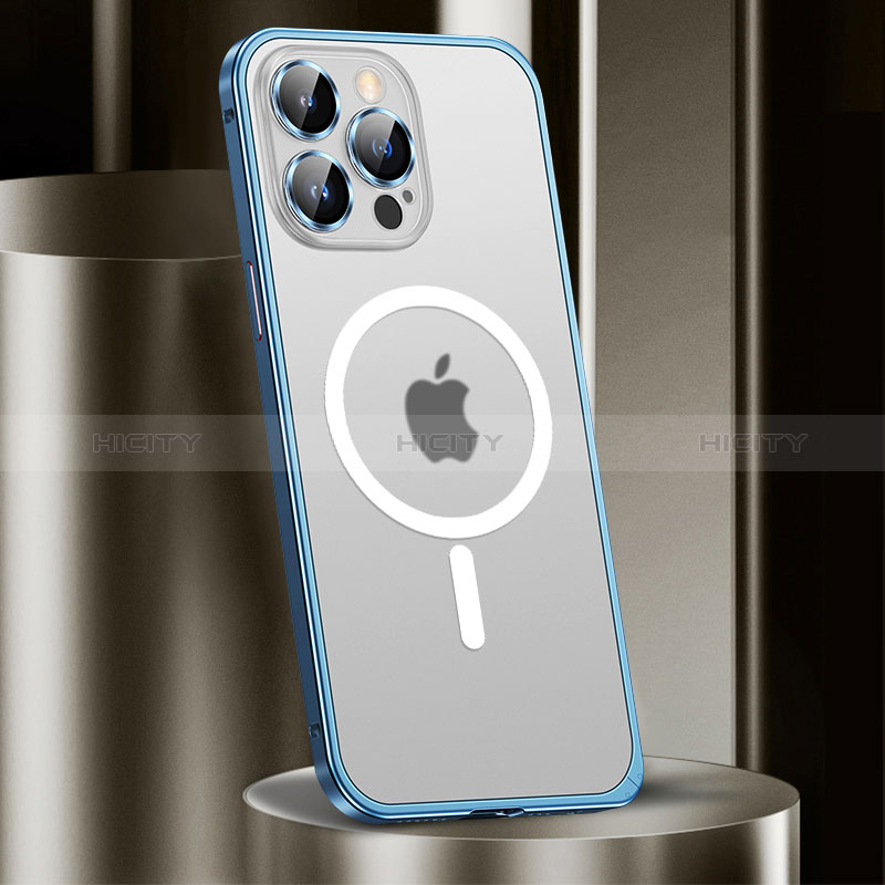 Apple iPhone 14 Pro用ケース 高級感 手触り良い メタル兼プラスチック バンパー Mag-Safe 磁気 Magnetic JL2 アップル ネイビー