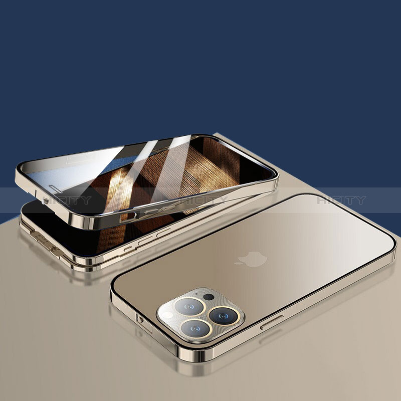 Apple iPhone 14 Pro Max用ケース 高級感 手触り良い アルミメタル 製の金属製 360度 フルカバーバンパー 鏡面 カバー M10 アップル ゴールド