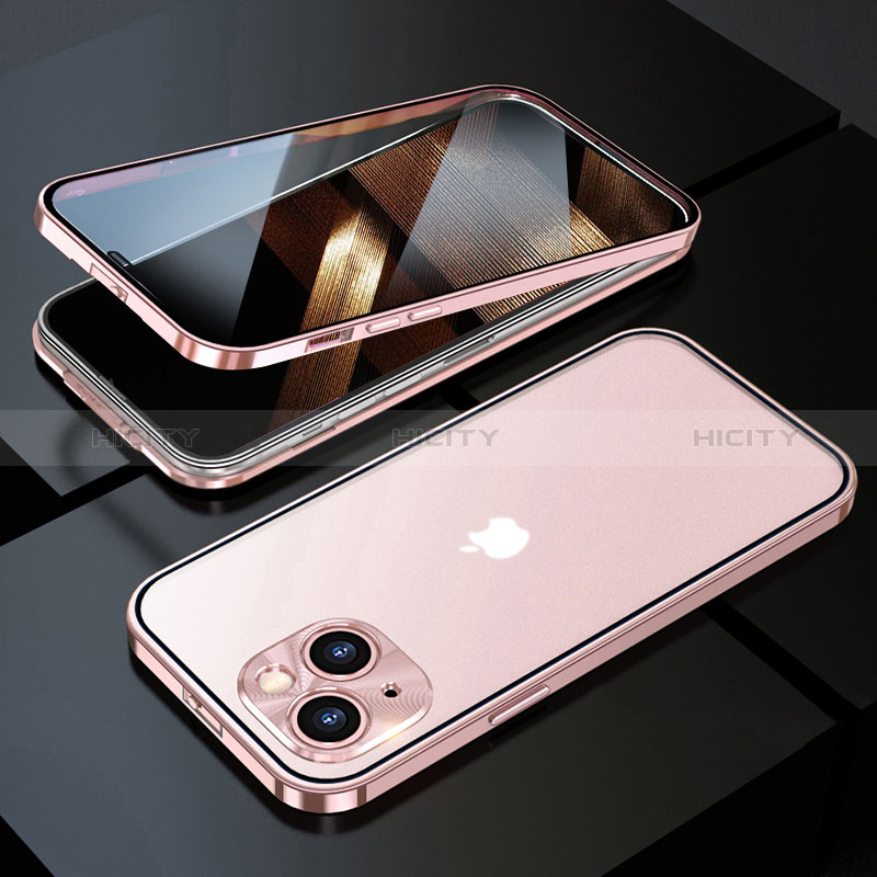 Apple iPhone 15用ケース 高級感 手触り良い アルミメタル 製の金属製 360度 フルカバーバンパー 鏡面 カバー M10 アップル ローズゴールド